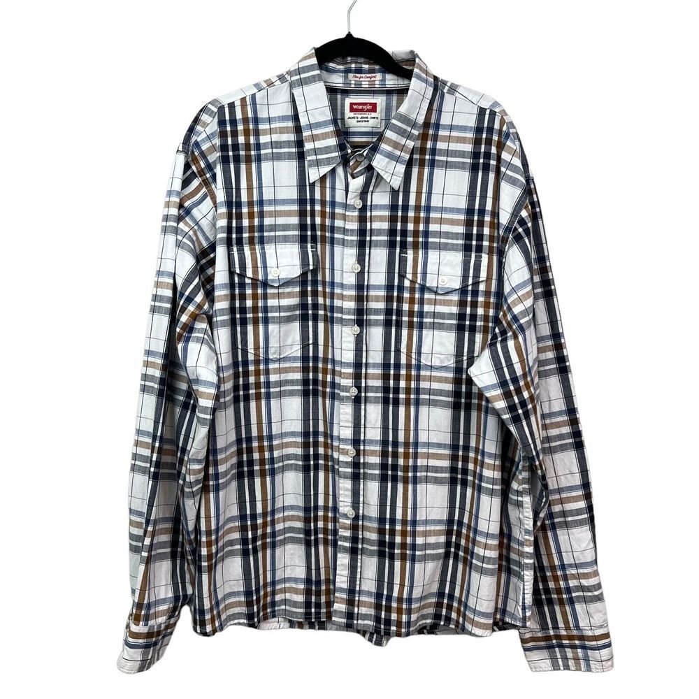 Wrangler Plaid Shirt Flex for Comfort Flap Pocket Western Cream Blue Tan Men3XL*